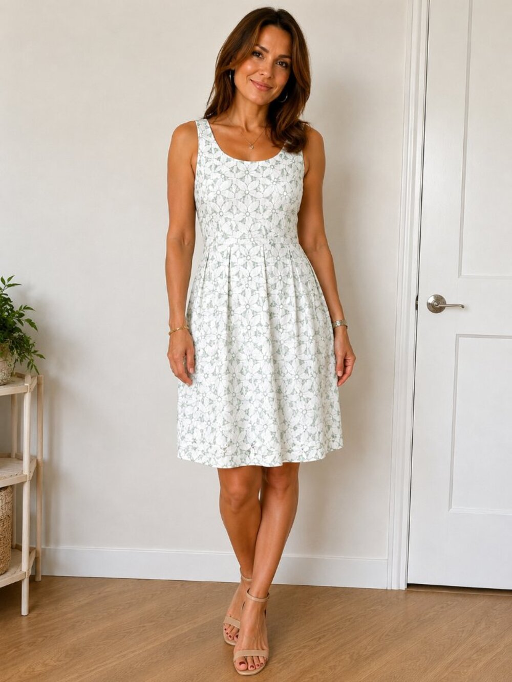 The Limited Sleeveless White Light Mint Green Eyelet Lace Dress
